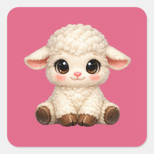 Cute Happy Sheep with Big Eyes Kawaii Farm Animal Square Sticker