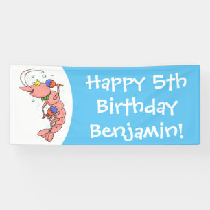 Cute happy shrimp, prawn cartoon banner