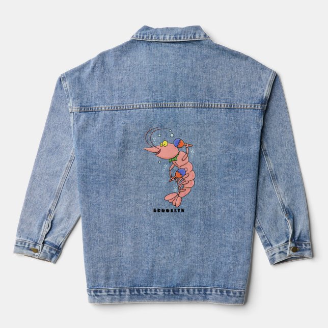 Cute happy shrimp, prawn cartoon denim jacket (Back)