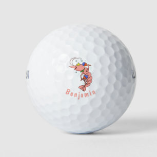 Cute happy shrimp, prawn cartoon golf balls