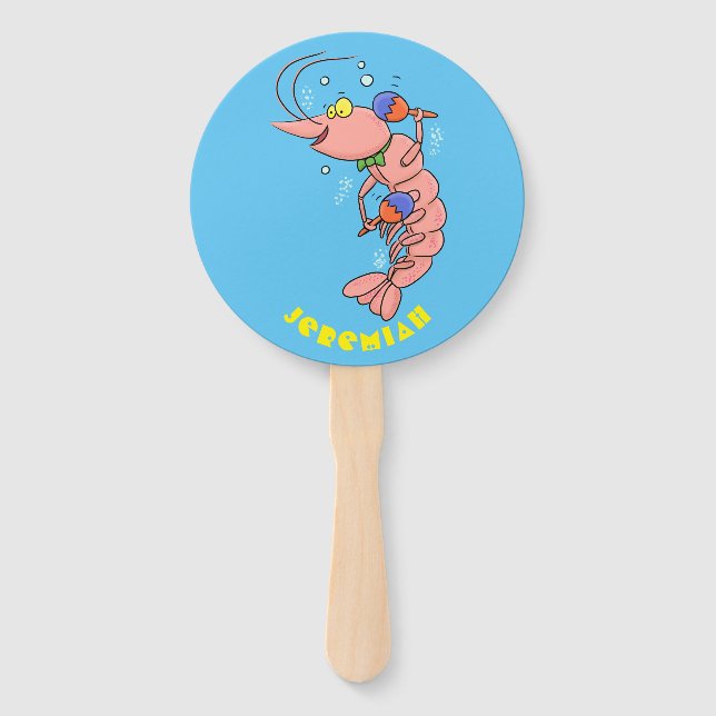 Cute happy shrimp, prawn cartoon hand fan (Front)