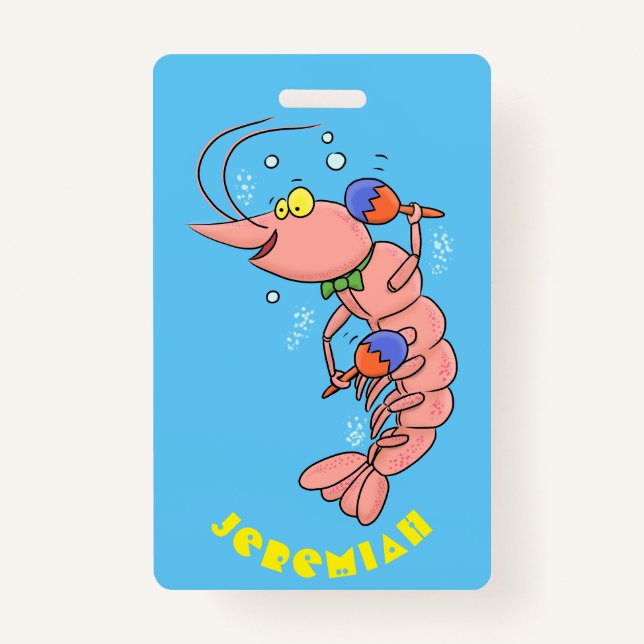 Cute happy shrimp, prawn cartoon ID badge (Front)