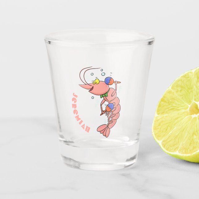 Cute happy shrimp, prawn cartoon shot glass (Front)