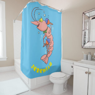 Cute happy shrimp, prawn cartoon shower curtain