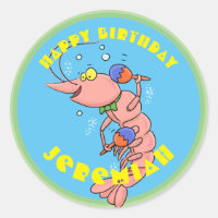 Cute happy shrimp, prawn cartoon sticker