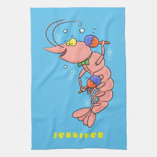 Cute happy shrimp, prawn cartoon tea towel