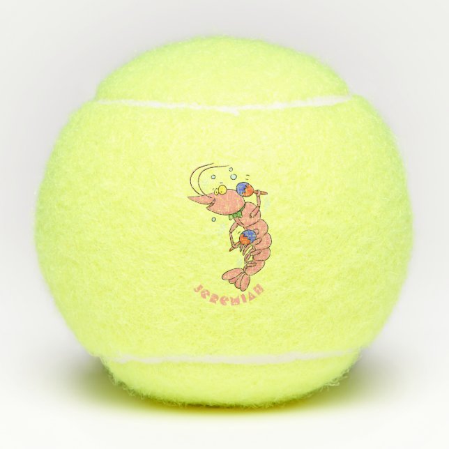 Cute happy shrimp, prawn cartoon tennis balls (Front)