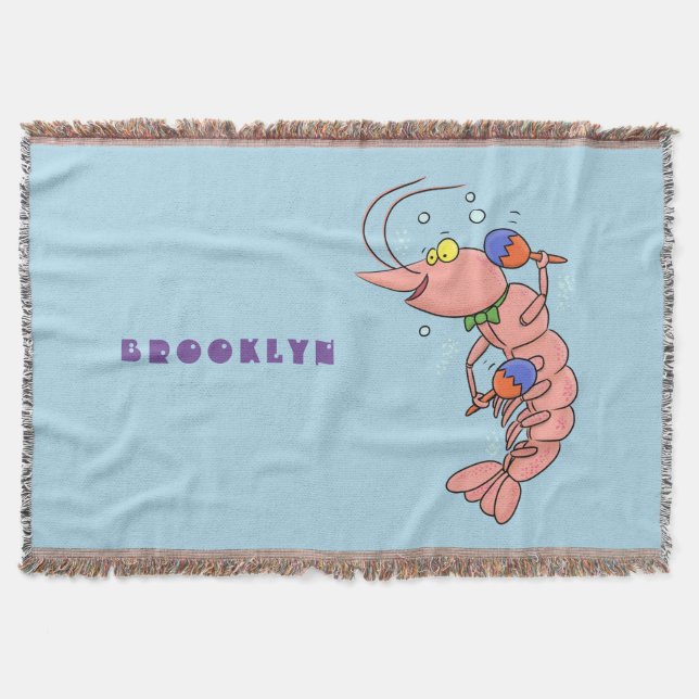 Cute happy shrimp, prawn cartoon throw blanket (Front)