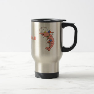 Cute happy shrimp, prawn cartoon travel mug