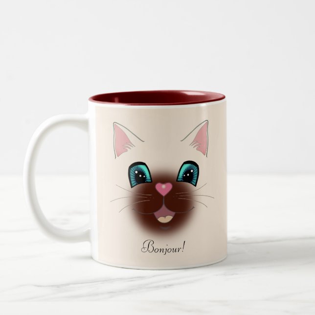 Cute Happy Siamese Cat Face Two-Tone Coffee Mug (Left)