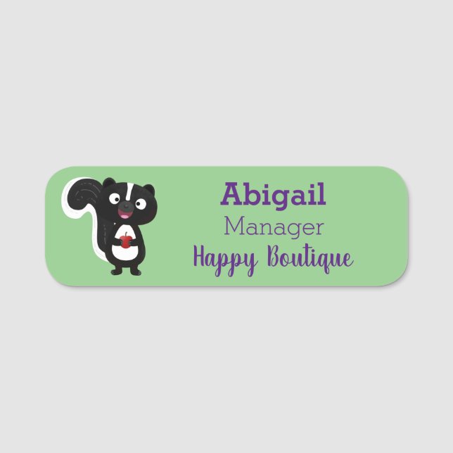 Cute happy skunk cartoon illustration  name tag (Front)