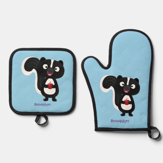 Cute happy skunk cartoon illustration oven mitt & pot holder set (Front)