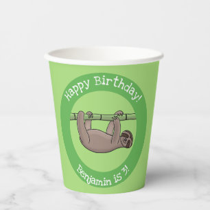 Cute happy sloth hanging on green bamboo cartoon paper cups