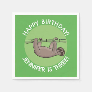 Cute happy sloth personalised cartoon birthday napkin