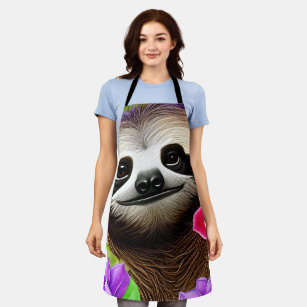 Cute Happy Sloth With Flowers      Apron
