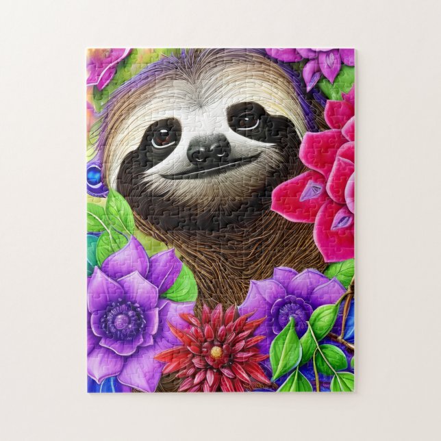 Cute Happy Sloth With Flowers  Jigsaw Puzzle (Vertical)
