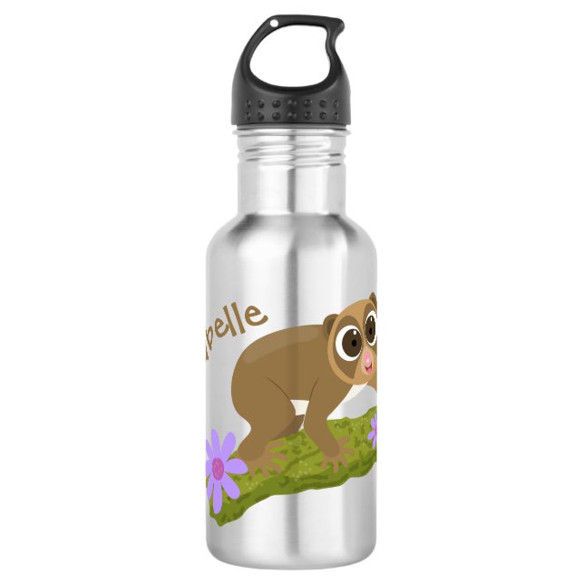 Cute happy slow loris on branch cartoon 532 ml water bottle (Front)