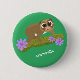 Cute happy slow loris on branch cartoon 6 cm round badge