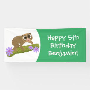Cute happy slow loris on branch cartoon banner