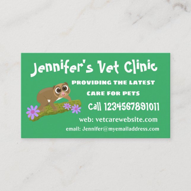Cute happy slow loris on branch cartoon business card (Front)