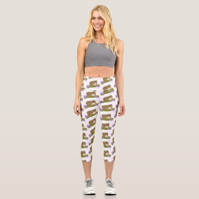 Cute happy slow loris on branch cartoon capri leggings (Front)