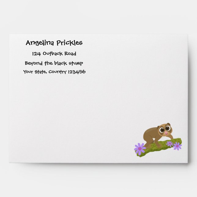 Cute happy slow loris on branch cartoon envelope (Front)