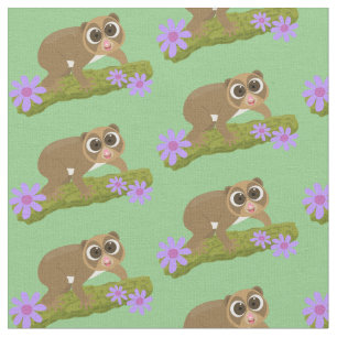Cute happy slow loris on branch cartoon fabric