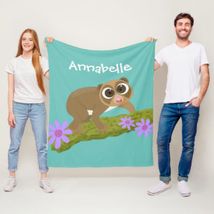 Cute happy slow loris on branch cartoon fleece blanket