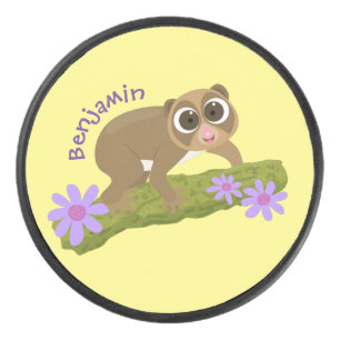 Cute happy slow loris on branch cartoon hockey puck