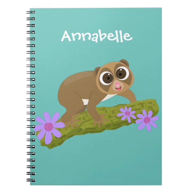Cute happy slow loris on branch cartoon notebook (Front)