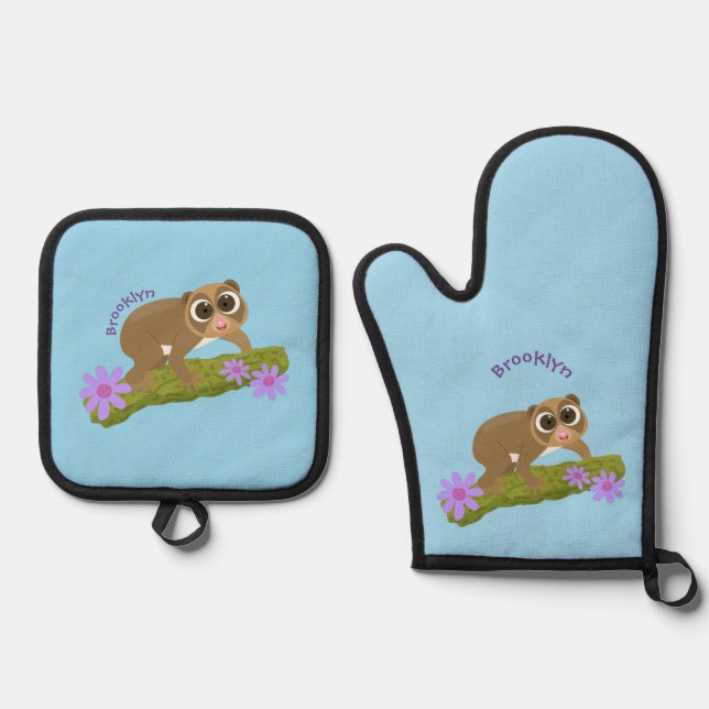 Cute happy slow loris on branch cartoon oven mitt & pot holder set (Front)