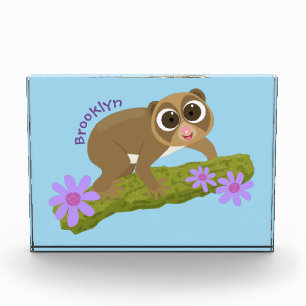 Cute happy slow loris on branch cartoon photo block