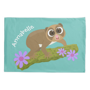 Cute happy slow loris on branch cartoon pillowcase