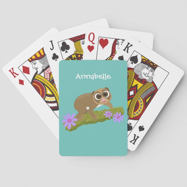 Cute happy slow loris on branch cartoon playing cards (Back)
