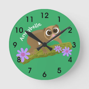 Cute happy slow loris on branch cartoon round clock