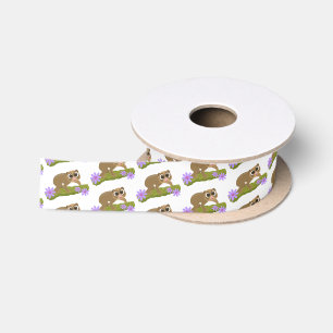 Cute happy slow loris on branch cartoon satin ribbon