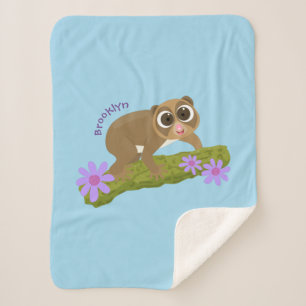 Cute happy slow loris on branch cartoon sherpa blanket
