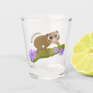 Cute happy slow loris on branch cartoon shot glass