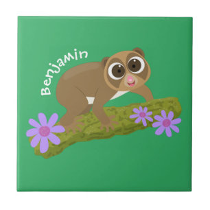 Cute happy slow loris on branch cartoon tile
