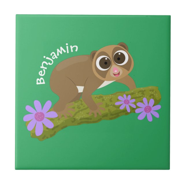 Cute happy slow loris on branch cartoon tile (Front)