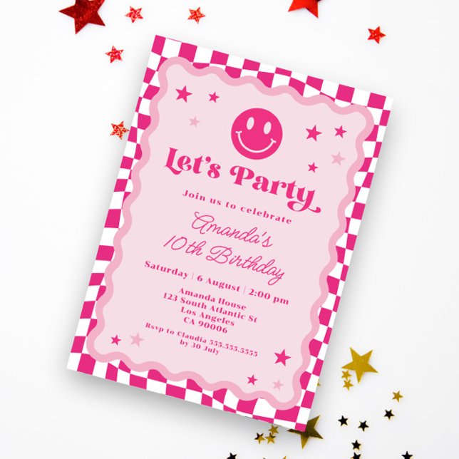 Cute Happy Smile Hot Pink Chequered Girl Birthday Invitation (Creator Uploaded)