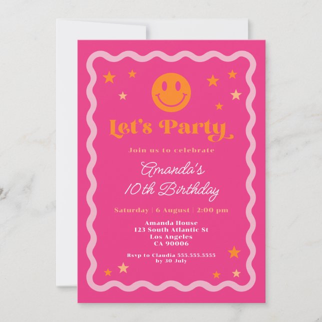 Cute Happy Smile Pink And Orange Girl Birthday Invitation (Front)
