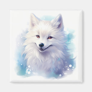 Cute Happy Smiling Arctic Fox on Snowy Blue Magnet