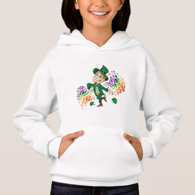 Cute happy smiling dancing leprechaun, a rainbow  (Front)