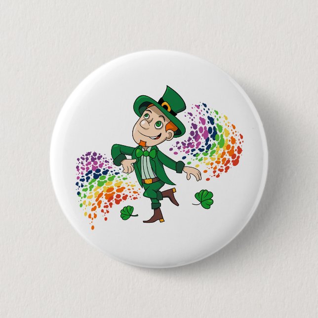 Cute happy smiling dancing leprechaun, a rainbow  6 cm round badge (Front)
