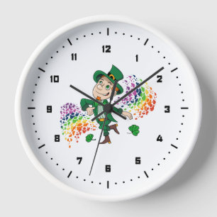 Cute happy smiling dancing leprechaun, a rainbow  clock
