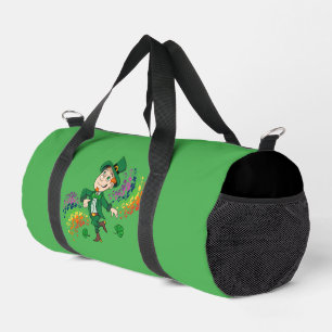Cute happy smiling dancing leprechaun, a rainbow  duffle bag