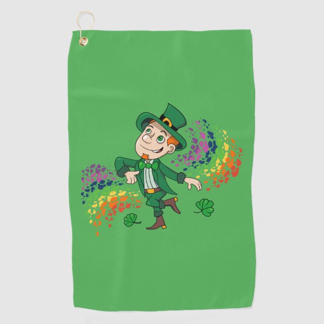 Cute happy smiling dancing leprechaun, a rainbow  golf towel (Front)