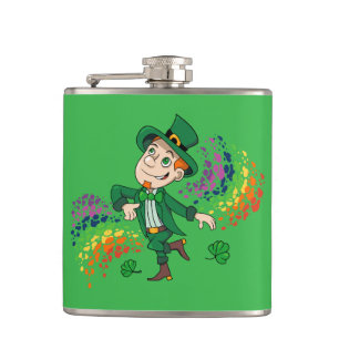 Cute happy smiling dancing leprechaun, a rainbow  hip flask