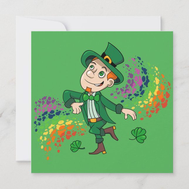 Cute happy smiling dancing leprechaun, a rainbow  invitation (Front)